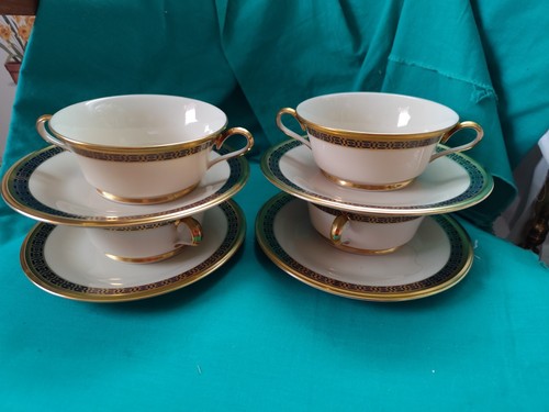(4) Lenox Tudor Footed Cream Soup & Dessert Plate/Saucer Set