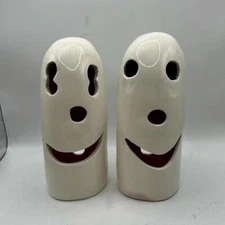 Set VTG Ceramic Ghosts Unique Smiling Friendly Decor Halloween Candle Cover