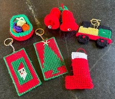LOT 7 VINTAGE HANDCRAFTED NEEDLEPOINT CANVAS KNIT CHRISTMAS ORNAMENTS