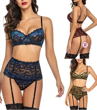 Women Sexy Lingerie Lace Stocking G-string Underwear Babydoll Nightwear 3PCS Set