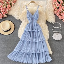Women Layered Tiered Ruffle Dress Sleeveless V-neck Long Cami Dress Summer Party
