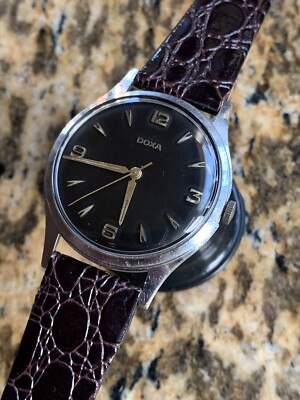 1960 Vintage Doxa Black Dial Mens Watch Swiss Chromed 35mm Hand