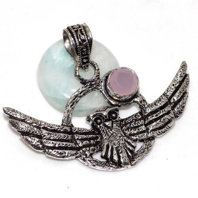 925 Silver Plated-Pink Chalcedony Ethnic Owl Gemstone Pendant Jewelry 1.5'' GW