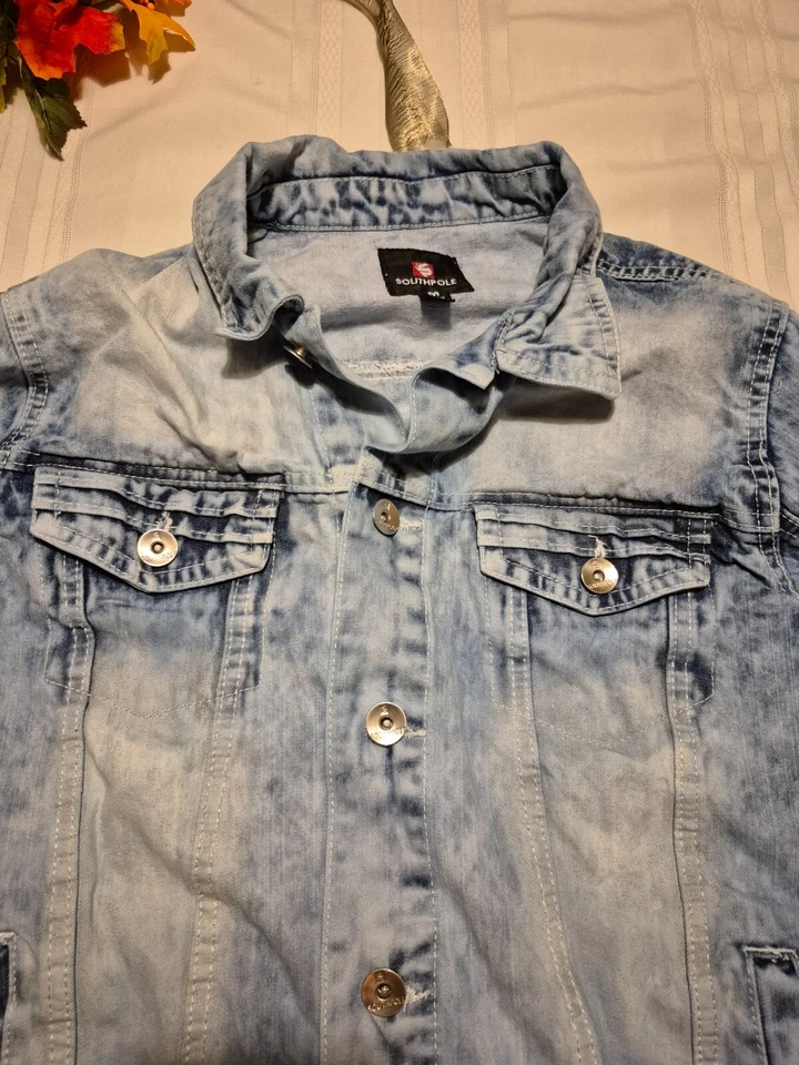 Jaqueta jeans feminina polo sul M azul claro botão de lavagem frontal algodão desbotado denim - Imagem 4 de 4