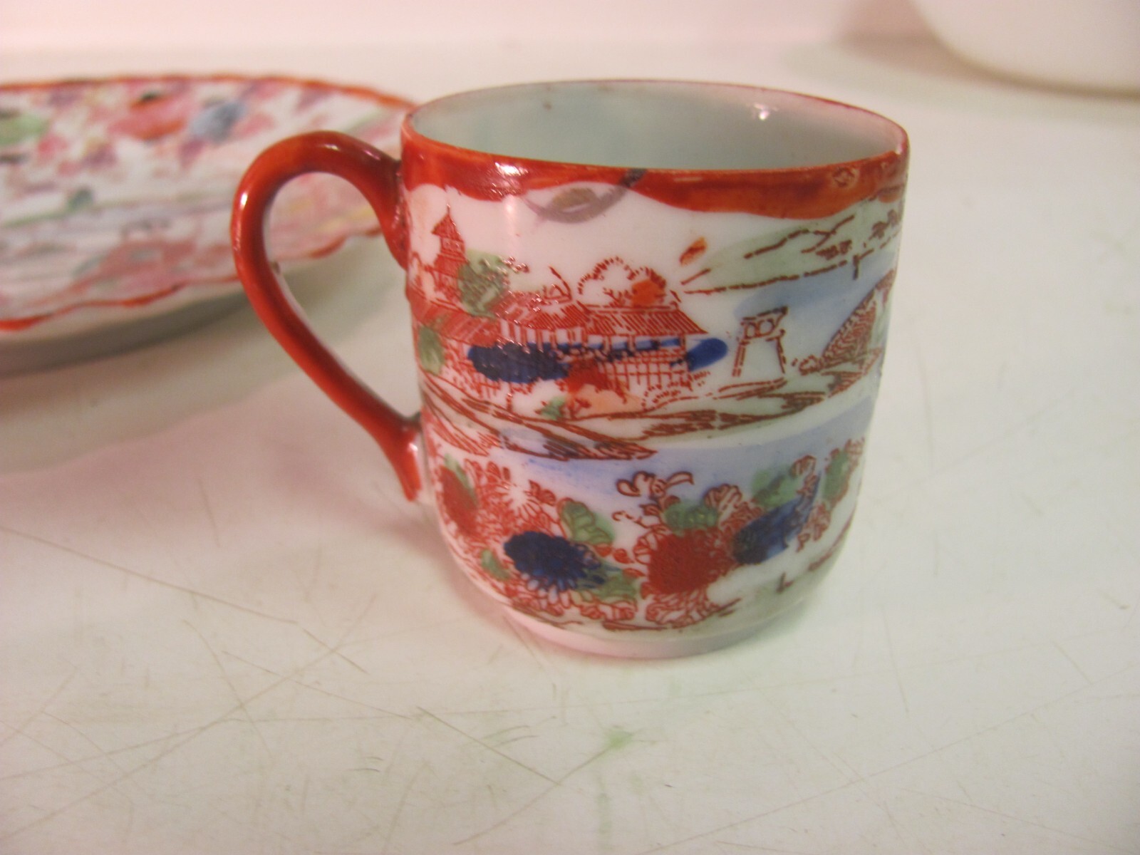 CUP, SAUCER, PLATE  SET - JAPAN ORIENTAL ART DESIGN - RED & MULTI-COLOR