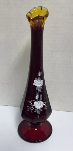 Vintage Fenton Swung Ruby Red Bud Vase Hand Painted Signed 8”.