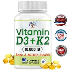 Vitamin D3 10000 IU & K2 (MK-7) 200 mcg，2 in 1 Vitamins D & K Complex，90 Softgel