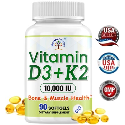 Vitamin D3 + K2 10000 IU,Supports Calcium Absorption, Bone Health，90 Softgels