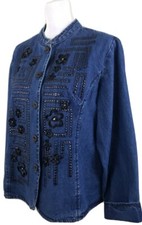 Hannah~woman Size L~ Blue Denim Cotton Button-up Long Sleeve Shacket Embroidered