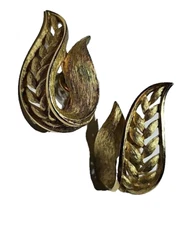 VTG Signed Crown Trifari Clip On Earrings Leaf Gold Brushed