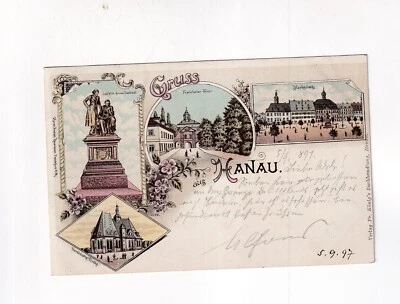 1829) Ansichtskarte GRUSS aus HANAU  LITHO - Marktplatz Kirche 1897 - Bild 1 von 2