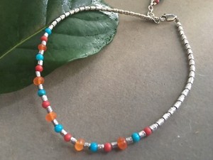 Artisan made Sterling silver Anklet/Turquoise/coral/carnelian/Thai silver beads
