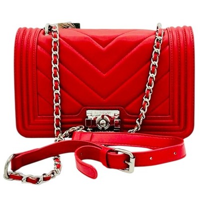Badgley Mishka Red V Quilted Crossbody with Chain Strap and Frame on the Cover