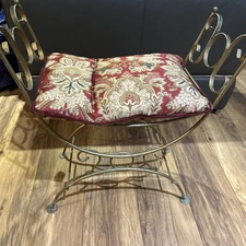 Hollywood Regency Gold Metal Vanity Stool Bench Boudoir Art Deco MCM 23”x24” VTG