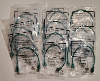 Lot Of 15 New Monoprice	1' 350 MHz Cat 5E Ethernet Patch Cable UTP, Green - 1 Ft