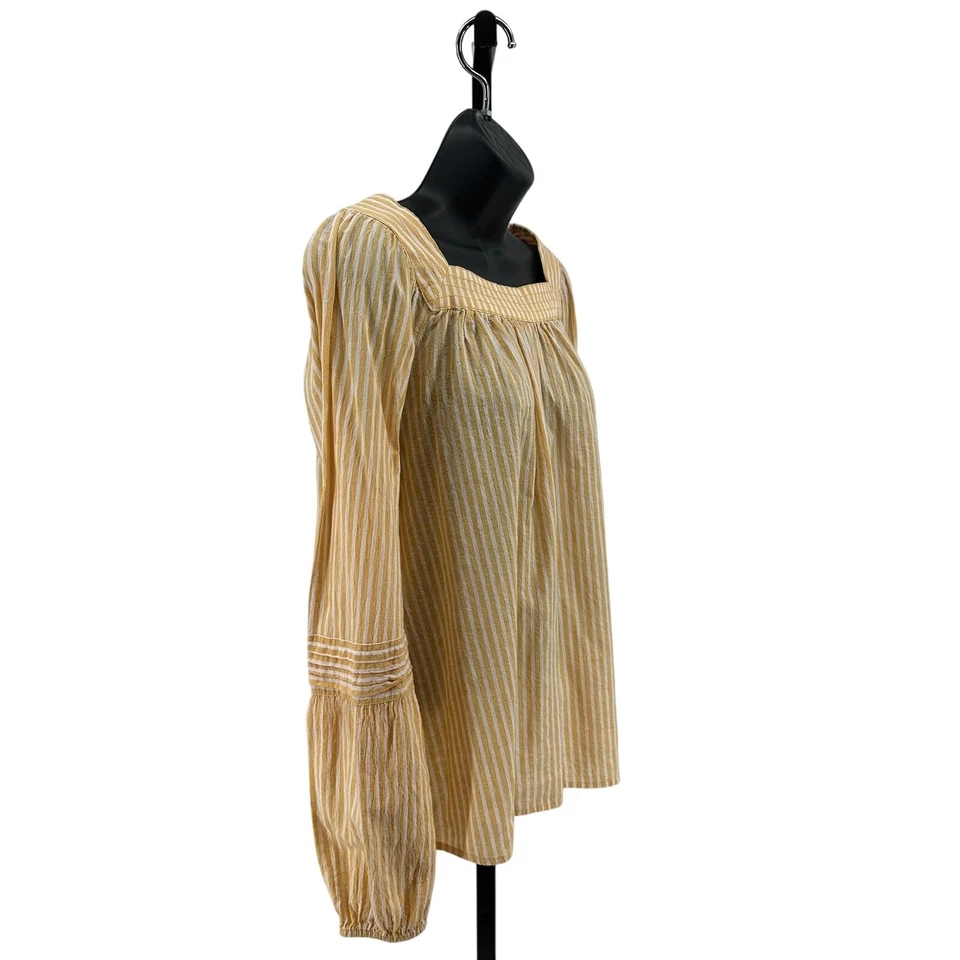 LC Lauren Conrad Peasant Top Women's M Yellow White Striped Long Balloon Sleeves - Imagem 3 de 4