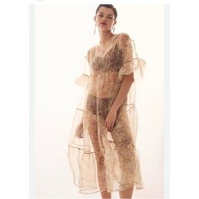 Anthropologie Tiered Midi Dress Neutral Motif Floral Print Ruffle Sleeve Size S