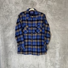 Vintage 60s Pendleton Board Shirt Mens Med Blue Loop Collar Plaid Wool USA