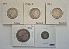 5 Five Barber Silver Coin Lot 1907 Dime 1902, 1908-D, & 1914 qtrs, 1915-S Half