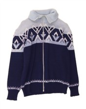 VINTAGE Womens Cardigan Sweater IT 46 Large Navy Blue Fair Isle Wool Retro DB21