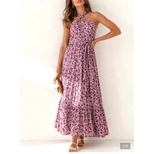 Vineyard Vines Maxi Dress Women 16 Pink Berry Floral Halter Tie Back Chiffon
