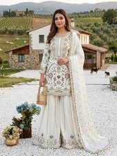 Bollywood Style Natural Crepe Silk White Palazzo Suit With Dupatta For Reception