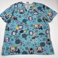 Peanuts Cartoon Women Small Scrub Top Indian Teal Snoopy Linus Nursing Floral