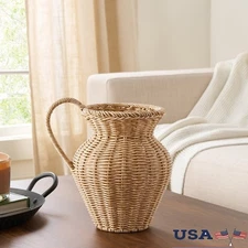 9 Inch Faux Wood Rattan Pitcher Vase Decorative Woven Planter Dried Plants New