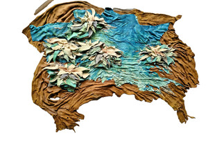 Vintage Handcrafted Leather Wall Hanging Floral Art Sculpture Turquoise Brown...