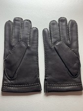 COACH Men's Gloves Med Brown Leather Cashmere Lined with White Stitching Accent