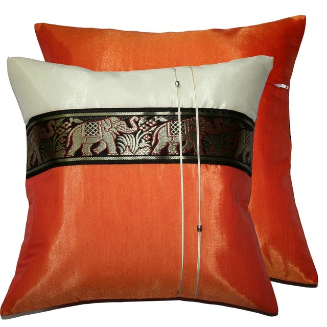 2 Thai Silk Pillow Elephant Orange Decorative Cushion ...