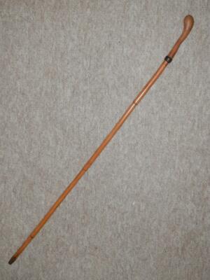 Antiker Bambus Gehstock mit Stielgriff & geflochtenem Lederhalsband - 85,5 cm