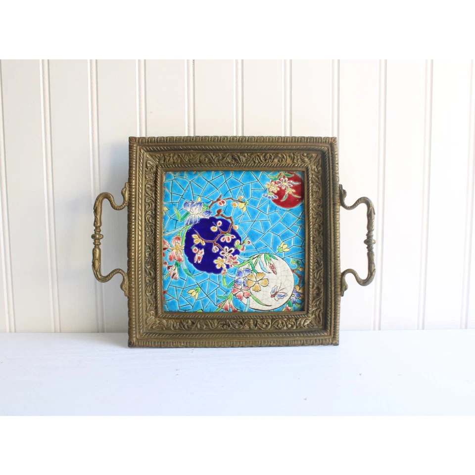 Vintage Antique Enamel Tile Bronze Brass Ornate Tray with Handles | Butterfly - Image 2 of 4