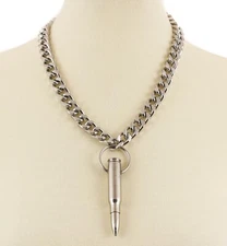 M60 .308 Caliber Nickel 3" Bullet Necklace Pendant Cuban Chain Punk Goth Thrash 