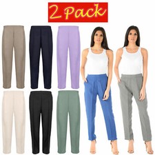 2 PACK LADIES HALF ELASTICATED TROUSERS WOMENS STRETCH WAIST WORK OFFICE PANTS