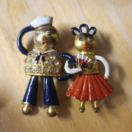 WWII Sweetheart Navy Sailor Couple Brooch Enamel Rhinestone Patriot Fred Gray 