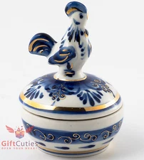 Gzhel Porcelain "Rooster" trinket box salt dispenser hand-painted  blue & gold