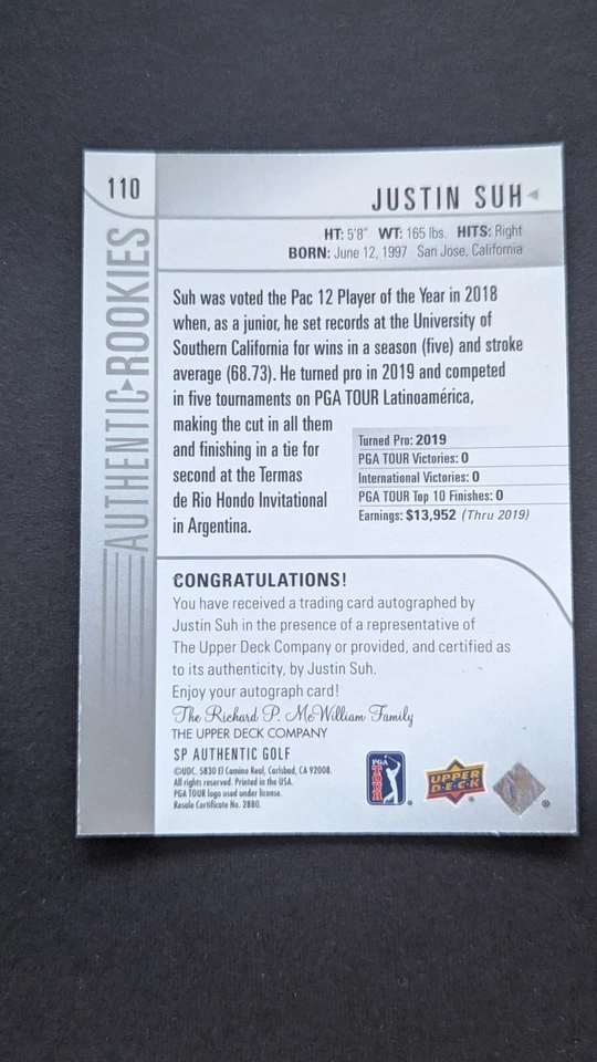 2021 SP Authentic Golf Authentic Rookies Auto Justin Suh RC 318/799 READ - Image 3 of 4