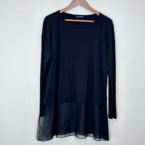 Eileen Fisher 100% Silk Black Tunic Layered Gauzy Crewneck Long sleeve Blouse