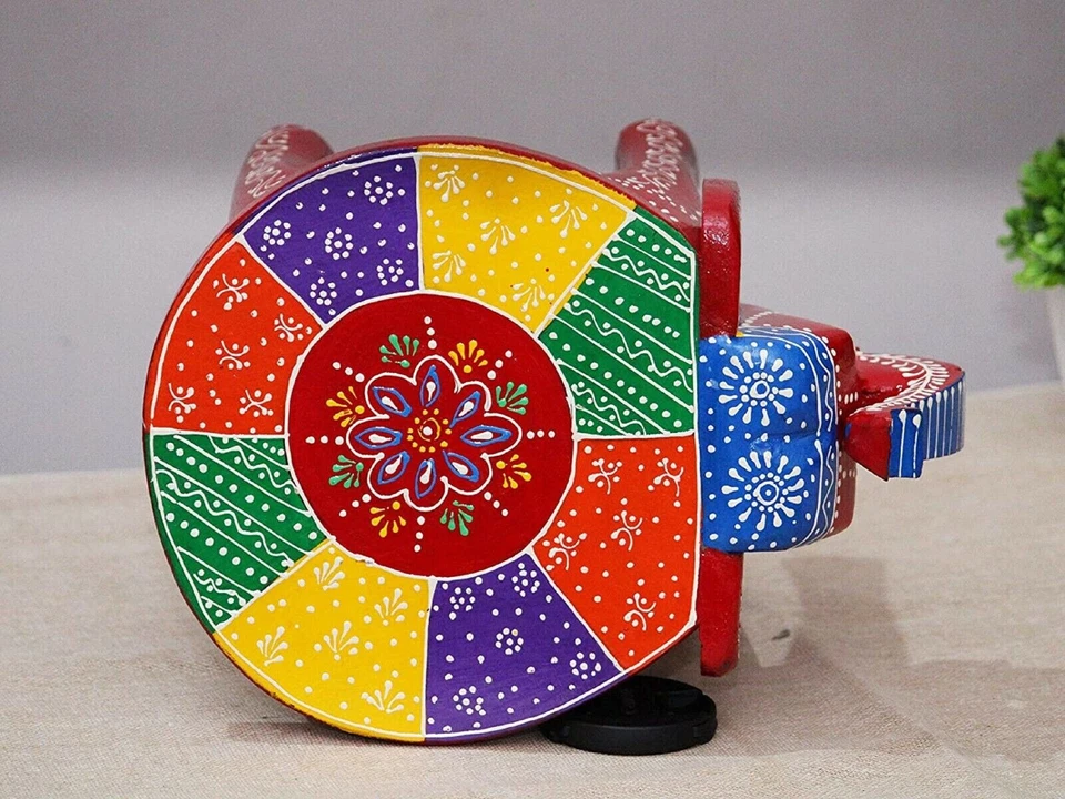 Indian Handmade Wooden Elephant Shape RED Multi Decor Side Table Statue Table - Image 4 of 4