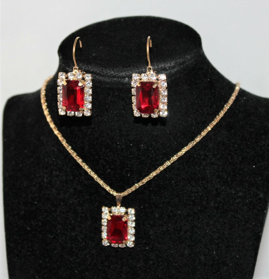 Schmuckset Damen Ohrringe, Kette viereckiger Kristall Gold Strass 2tlg. - Bild 3 von 4