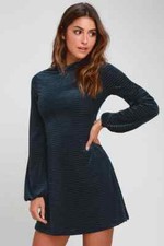 Lulu’s Ticket To Chic Navy Blue Striped Velvet Balloon Sleeve Dress Size S EUC