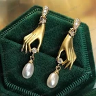 Elegant Vintage Style Art Deco Hands Gold Crystal Pearl Drop Earrings UK