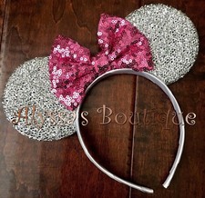 Minnie Mouse Ears Headband Silver Sparkly Pink Bow Birthday Party Favors Cute