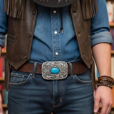 Men / Women Antique Silver Metal Ethnic Belt Buckle Turquoise Blue Bead Filigree