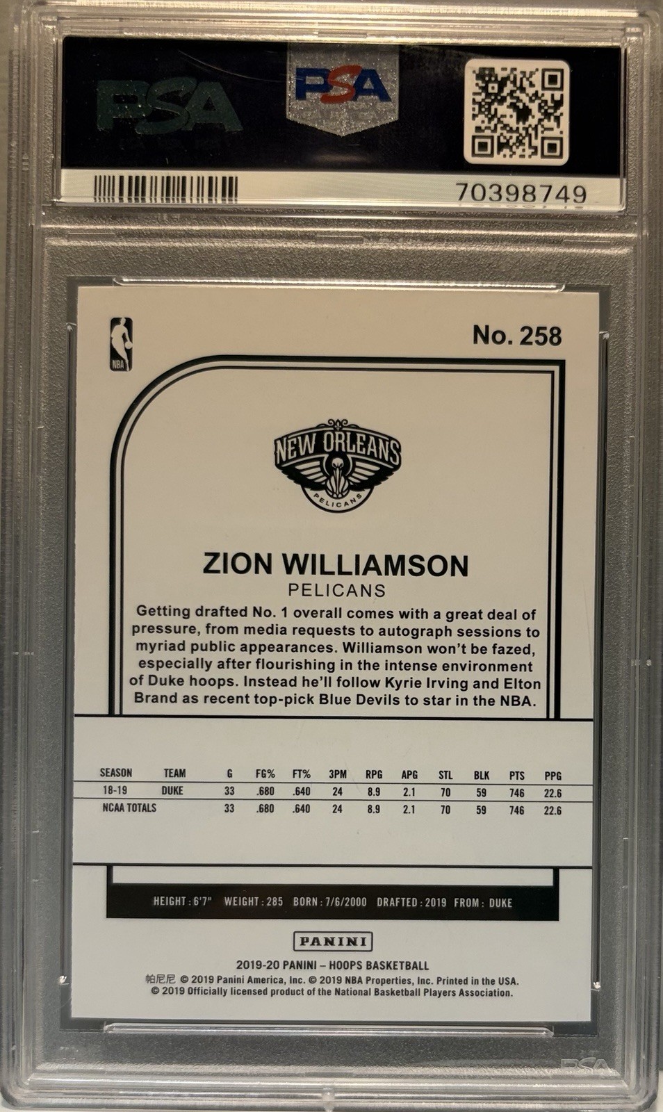 2019 Panini NBA Hoops Zion Williamson #258 Purple (RC)! GEM MINT PSA 10! view 2