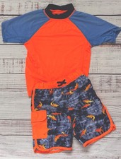 Lands' End Short Sleeve Boys 4/5T Orange Blue Swimsuit Rash Guard Shark Short XS