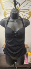 Women's Tankini Swim Top Black Halter Tie Tummy Control Gold Ring NWT