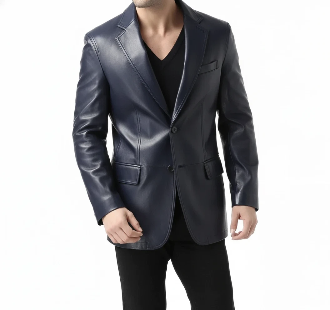 Men's Genuine Lambskin Real Leather Blazer Navy Blue Two Button Coat Blazer