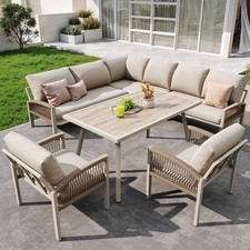 8 Seat Corner Sofa & Dining Set Metal Garden Furniture for Outdoor Patio, Beige